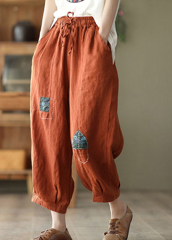 Orange Pockets Tie Waist Linen Harem Pants Summer