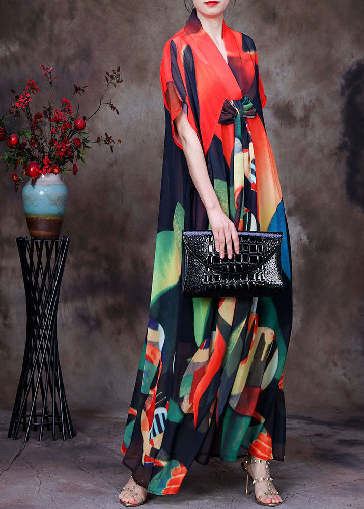 Orange Print Chiffon Maxi Dresses Asymmetrical Extra Large Hem Short Sleeve