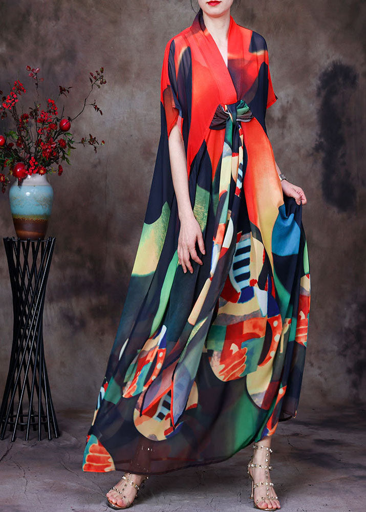 Orange Print Chiffon Maxi Dresses Asymmetrical Extra Large Hem Short Sleeve