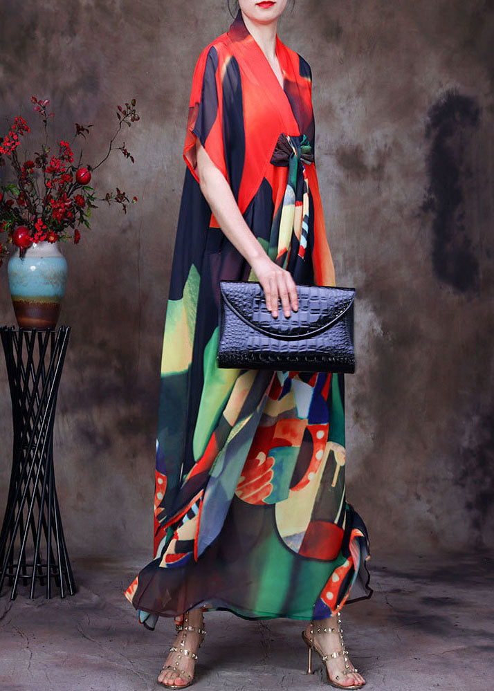 Orange Print Chiffon Maxi Dresses Asymmetrical Extra Large Hem Short Sleeve