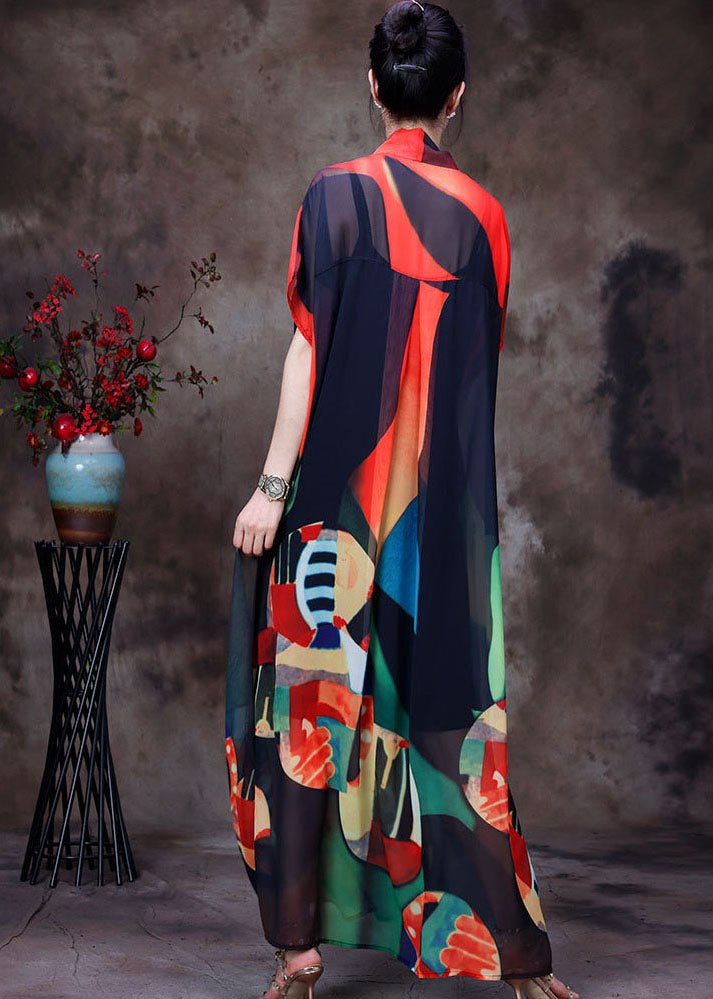 Orange Print Chiffon Maxi Dresses Asymmetrical Extra Large Hem Short Sleeve