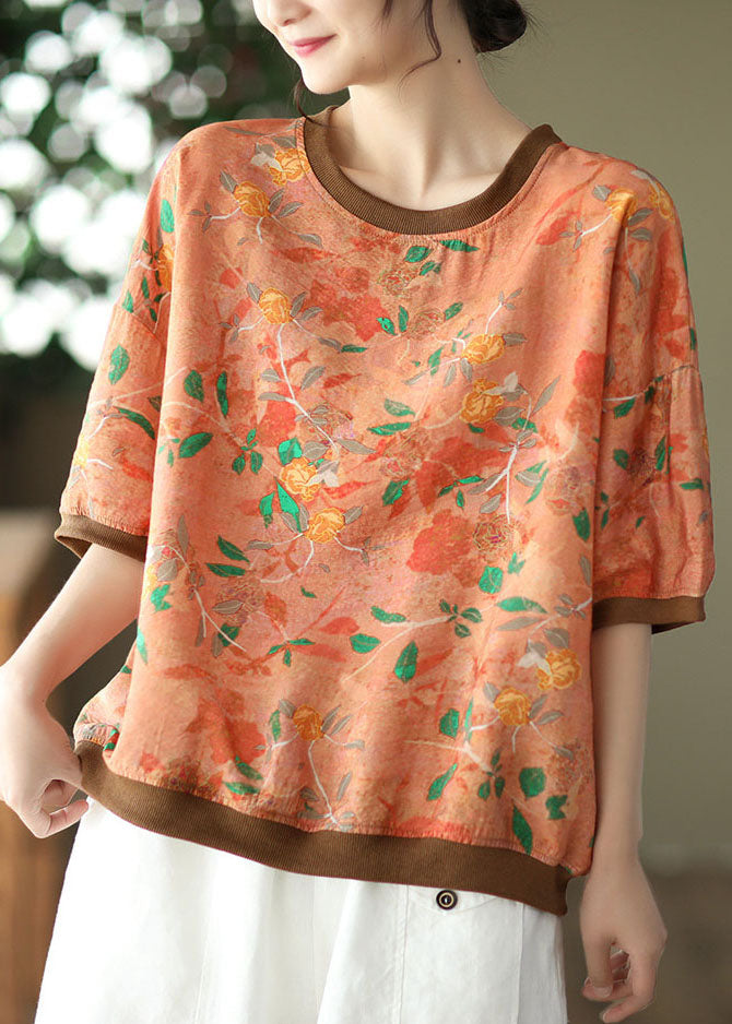 Orange Print Patchwork Linen T Shirt O Neck Short Sleeve