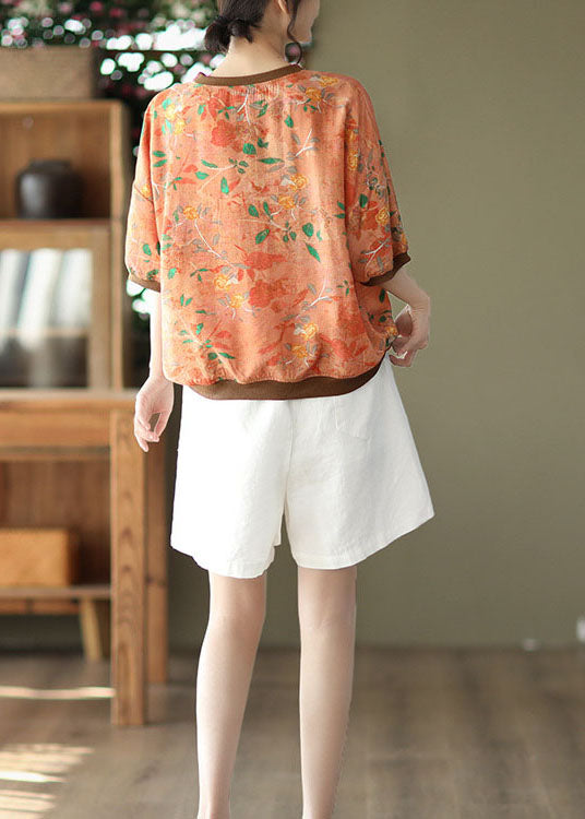 Orange Print Patchwork Linen T Shirt O Neck Short Sleeve