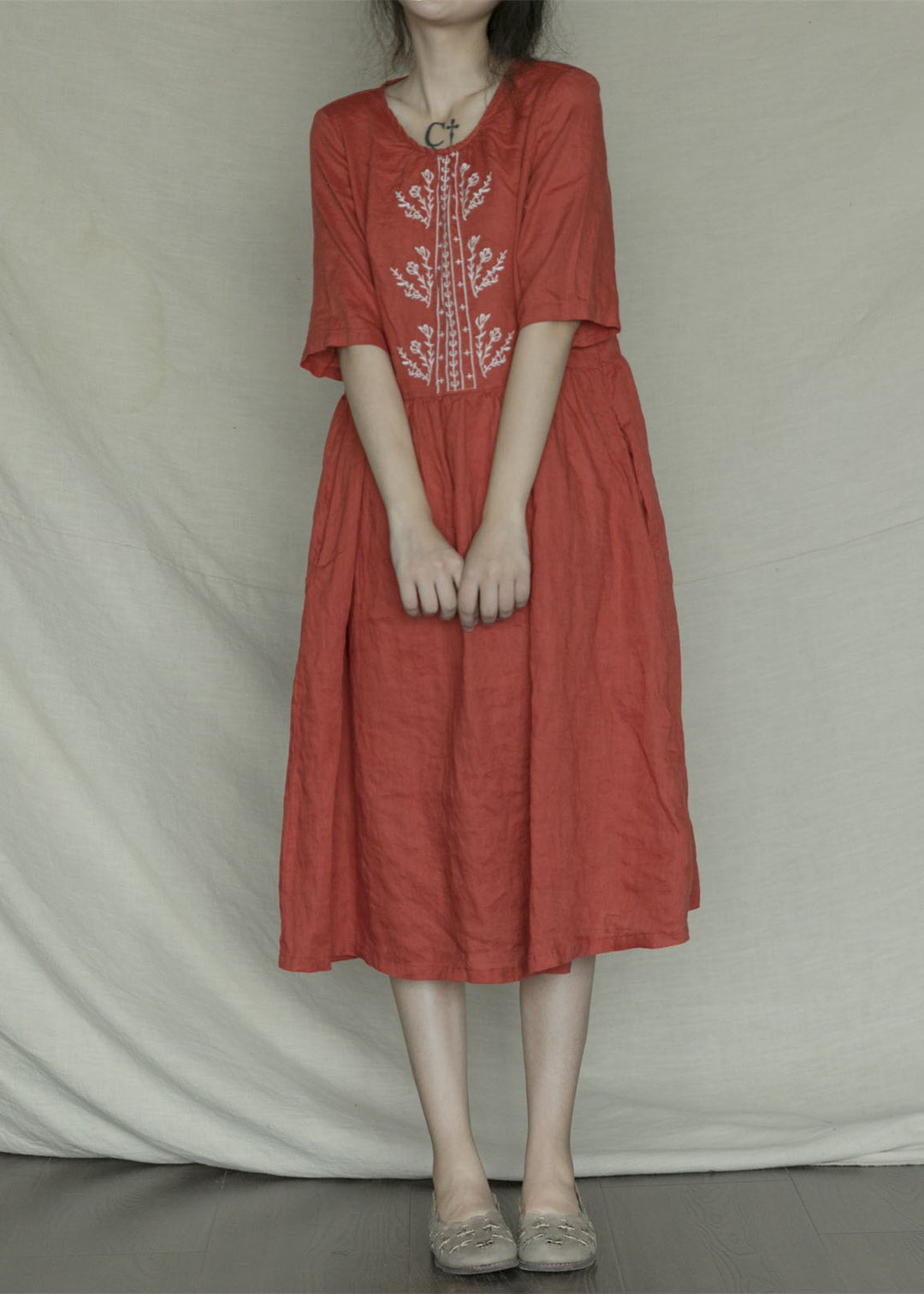 Orange Red O-Neck Patchwork Linen Long Dress Short Sleeve