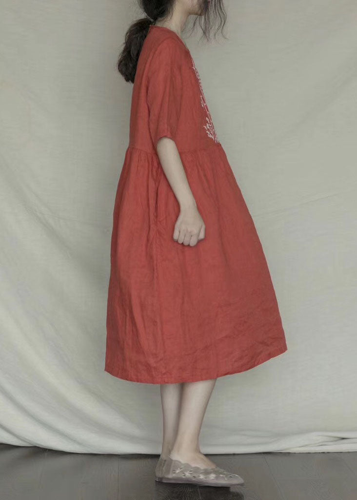 Orange Red O-Neck Patchwork Linen Long Dress Short Sleeve