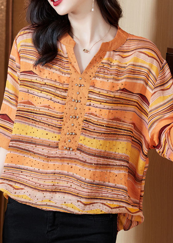 Orange Striped Cotton Shirt V Neck Color Diamond Short Sleeve