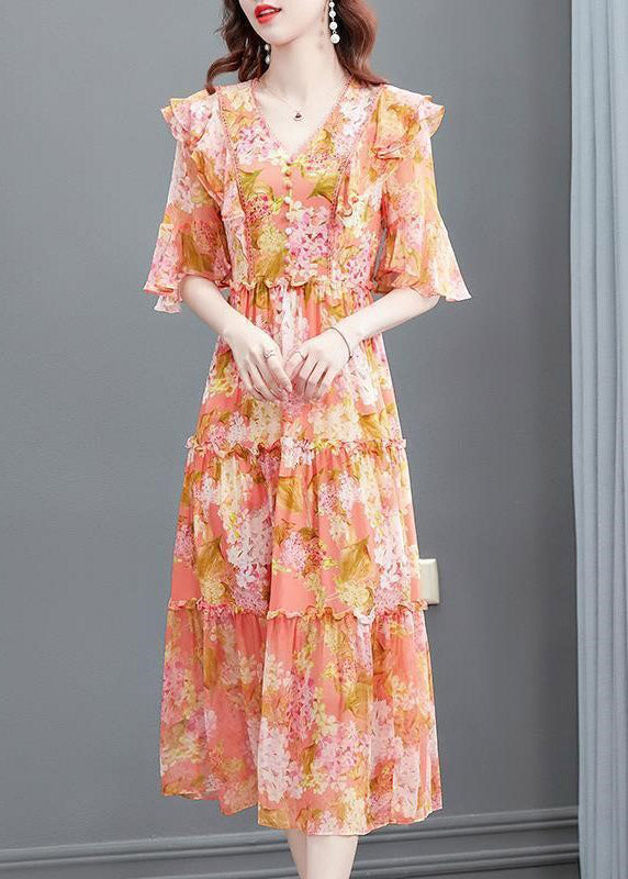 Orange V Neck Print Ruffled Wrinkled Silk Party Long Dress Flare  Sleeve