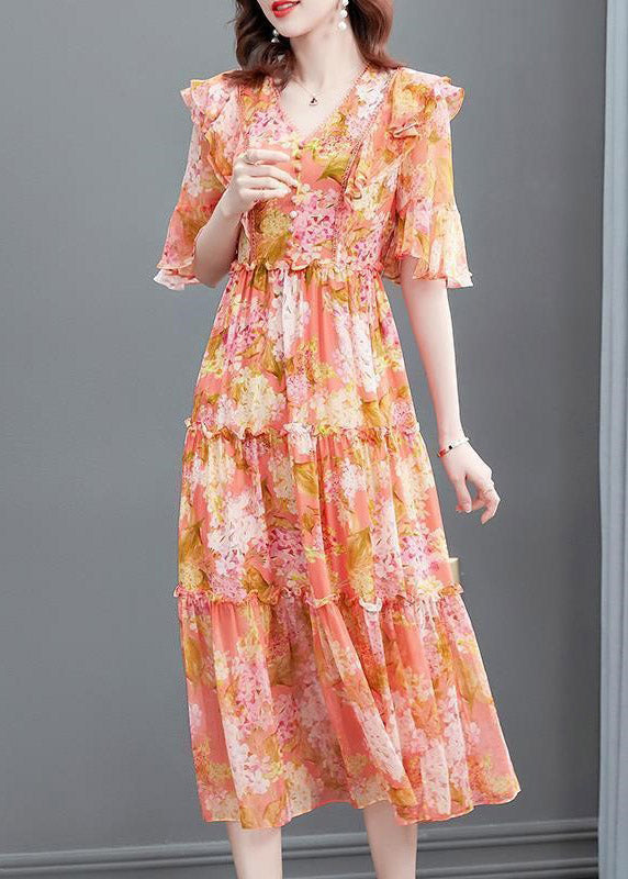 Orange V Neck Print Ruffled Wrinkled Silk Party Long Dress Flare  Sleeve