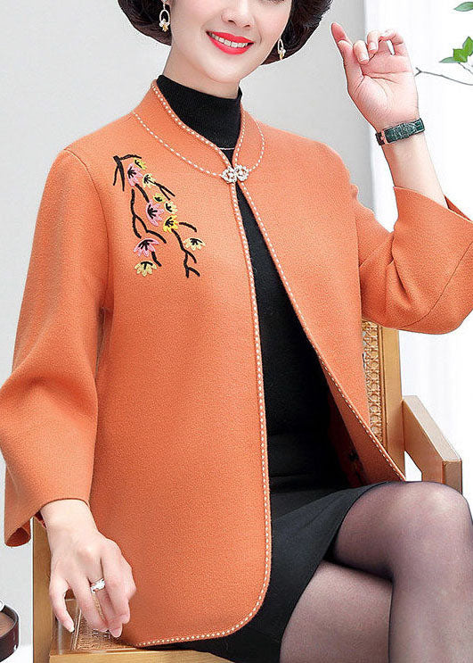 Orange Woolen Cardigans Embroideried Stand Collar Winter