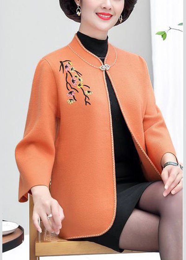 Orange Woolen Cardigans Embroideried Stand Collar Winter