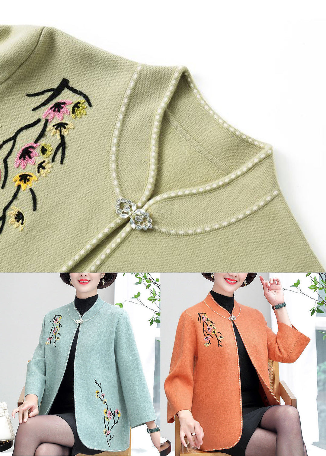 Orange Woolen Cardigans Embroideried Stand Collar Winter