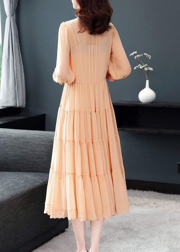 Orange Wrinkled Button Solid Silk Long Dress Lantern Sleeve