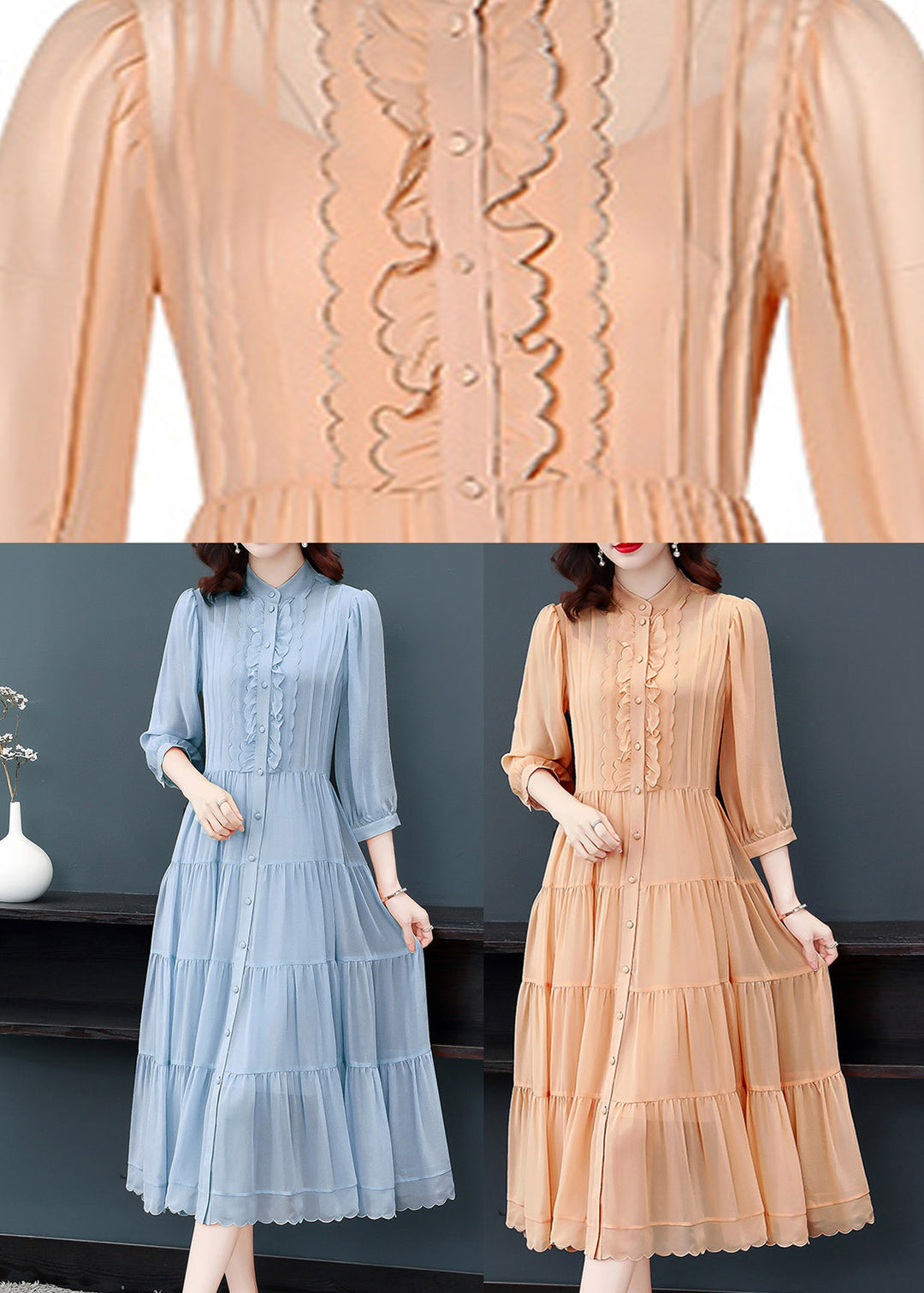 Orange Wrinkled Button Solid Silk Long Dress Lantern Sleeve