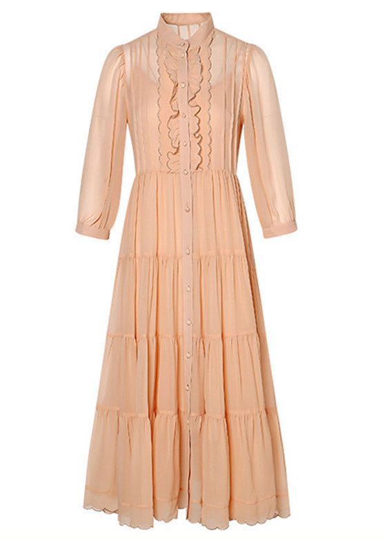Orange Wrinkled Button Solid Silk Long Dress Lantern Sleeve