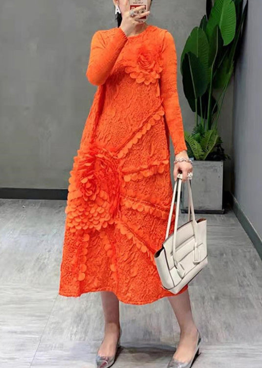 Orange Wrinkled Slim Maxi Dress Long Sleeve
