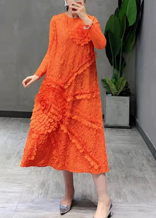 Orange Wrinkled Slim Maxi Dress Long Sleeve
