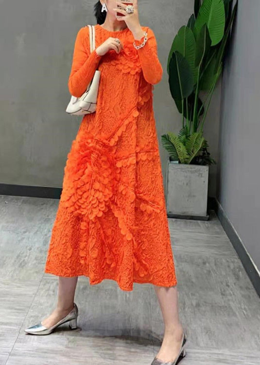 Orange Wrinkled Slim Maxi Dress Long Sleeve