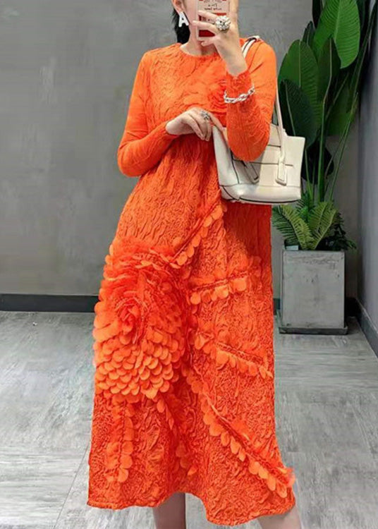 Orange Wrinkled Slim Maxi Dress Long Sleeve