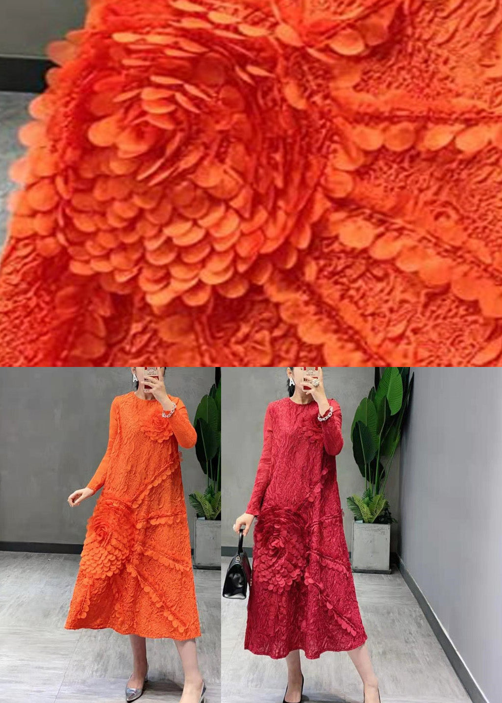 Orange Wrinkled Slim Maxi Dress Long Sleeve