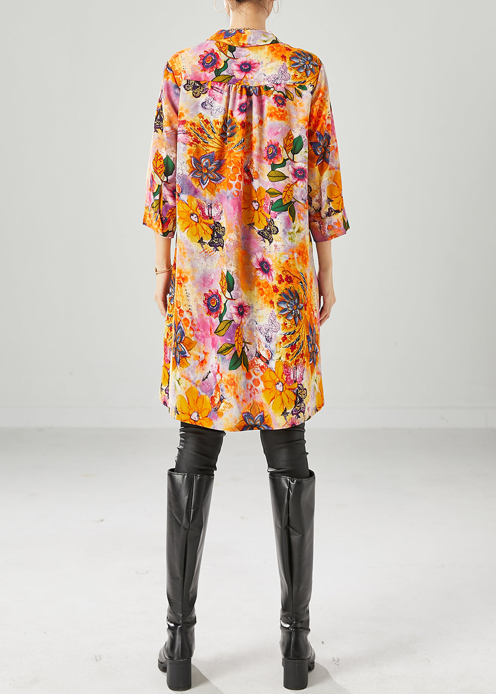 Orange Yellow Floral Chiffon Long Shirt Oversized Bracelet Sleeve