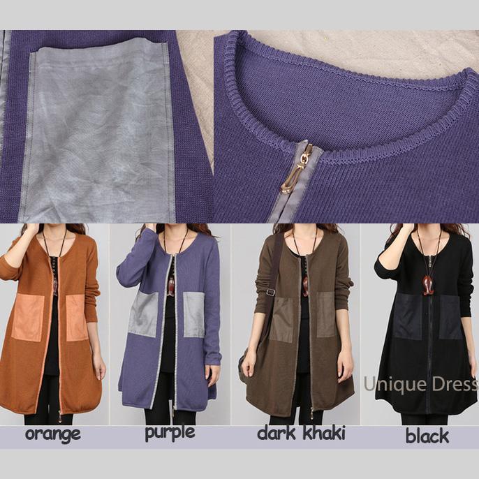 Orange PU patchwork women knit coat cardigan - Omychic
