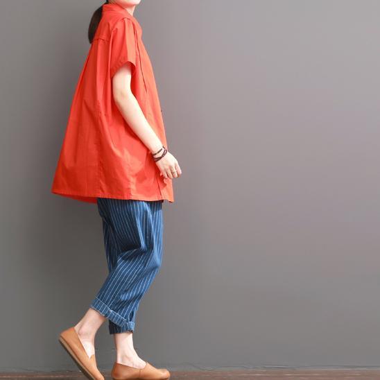 Orange cotton shirt for summer women blouse short top - Omychic