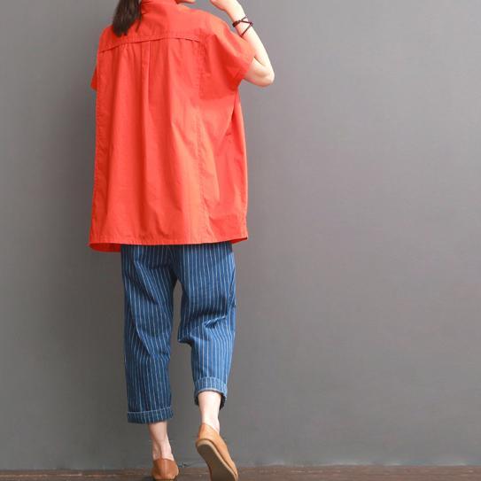 Orange cotton shirt for summer women blouse short top - Omychic