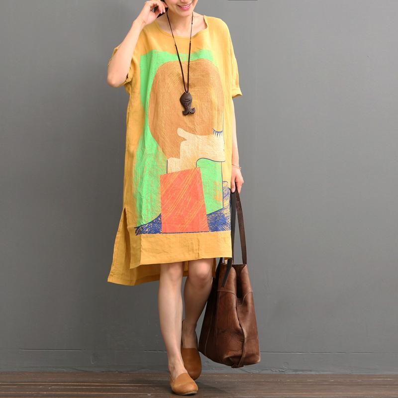 Orange linen dress casual summer dresses plus size shirt sundress - Omychic