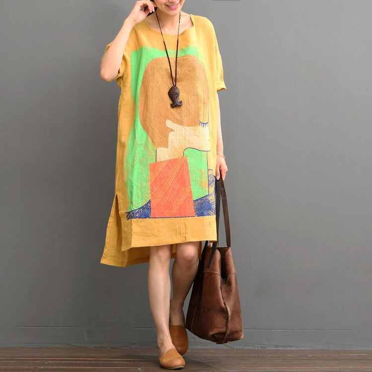Orange linen dress casual summer dresses plus size shirt sundress - Omychic