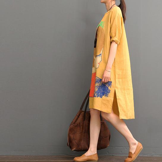 Orange linen dress casual summer dresses plus size shirt sundress - Omychic