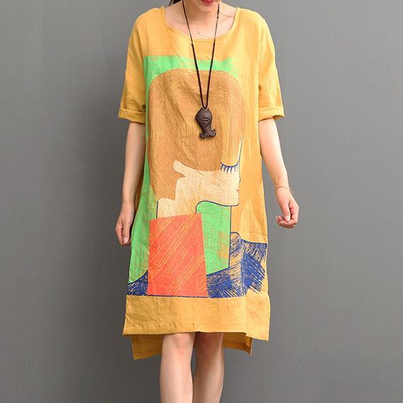 Orange linen dress casual summer dresses plus size shirt sundress - Omychic