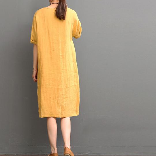 Orange linen dress casual summer dresses plus size shirt sundress - Omychic