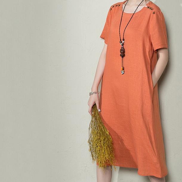 Orange natural linen sundress plus size shift dress summer maternity casual dress - Omychic