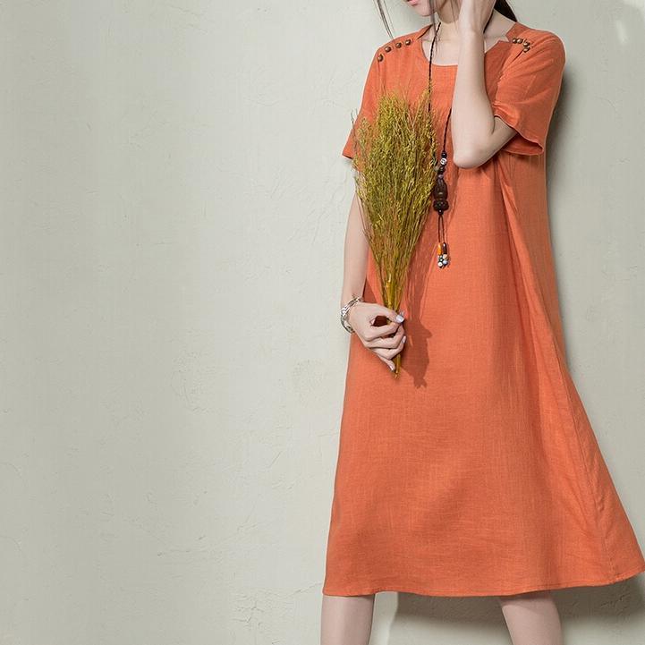 Orange natural linen sundress plus size shift dress summer maternity casual dress - Omychic