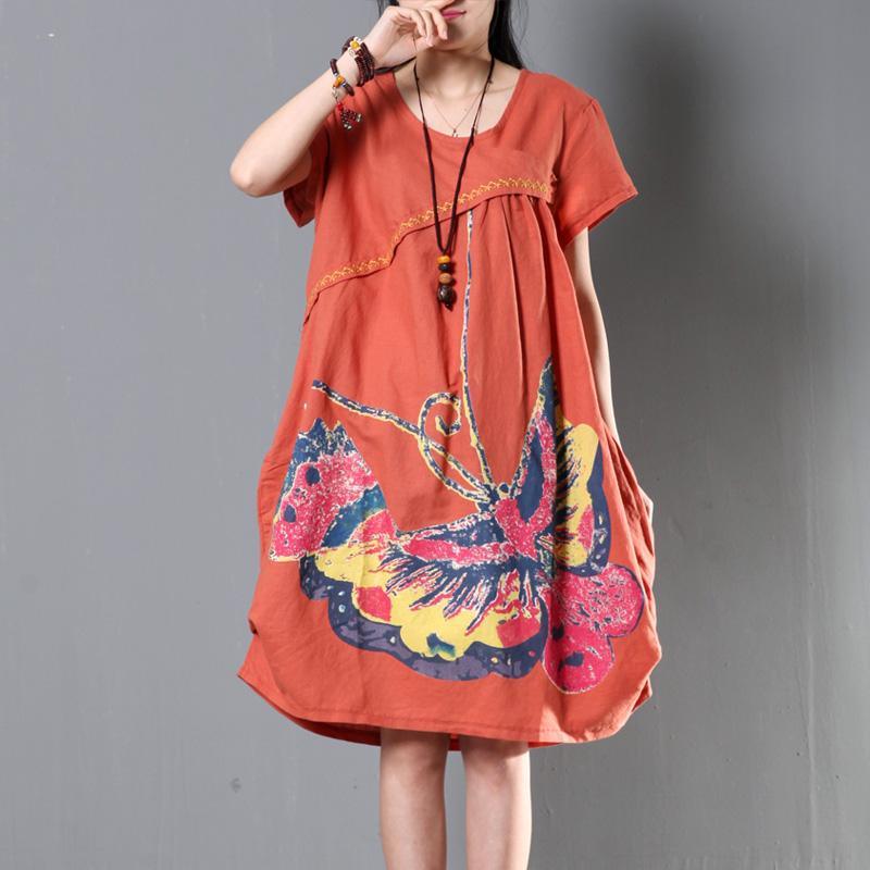 Orange plus size linen summer dress oversize sundress maternity dresses flying butterfly - Omychic