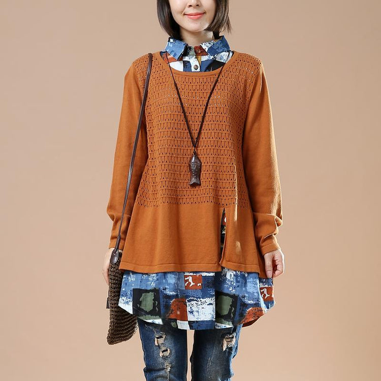Orange plus size sweaters fake shirt blouse - Omychic
