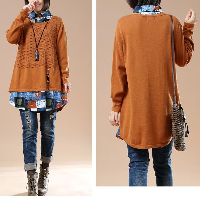 Orange plus size sweaters fake shirt blouse - Omychic
