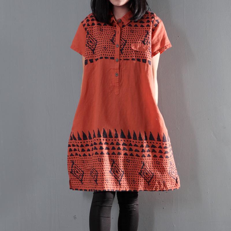 Orange print floral linen shift dress summer shirt dresses plus size - Omychic