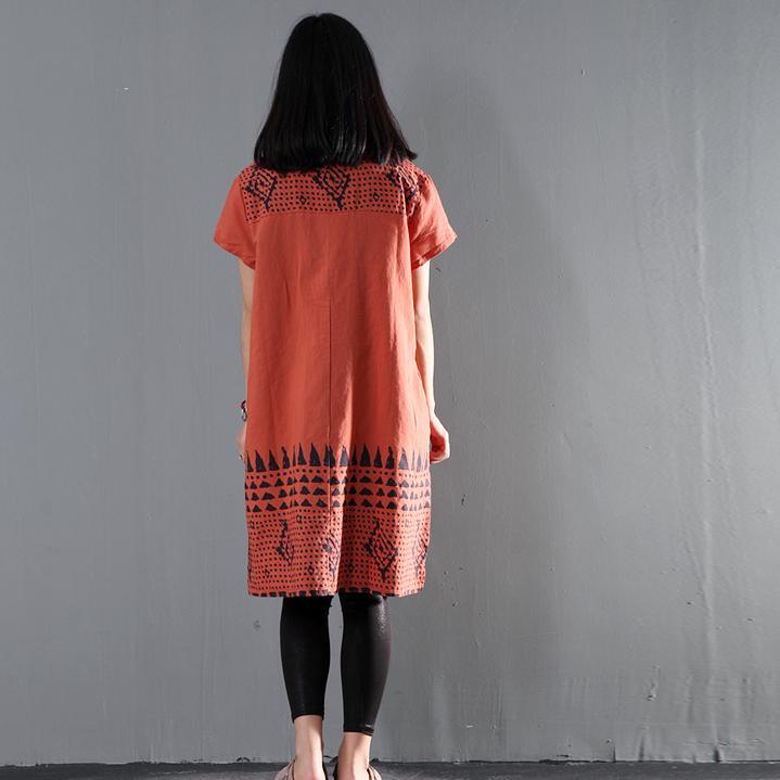 Orange print floral linen shift dress summer shirt dresses plus size - Omychic
