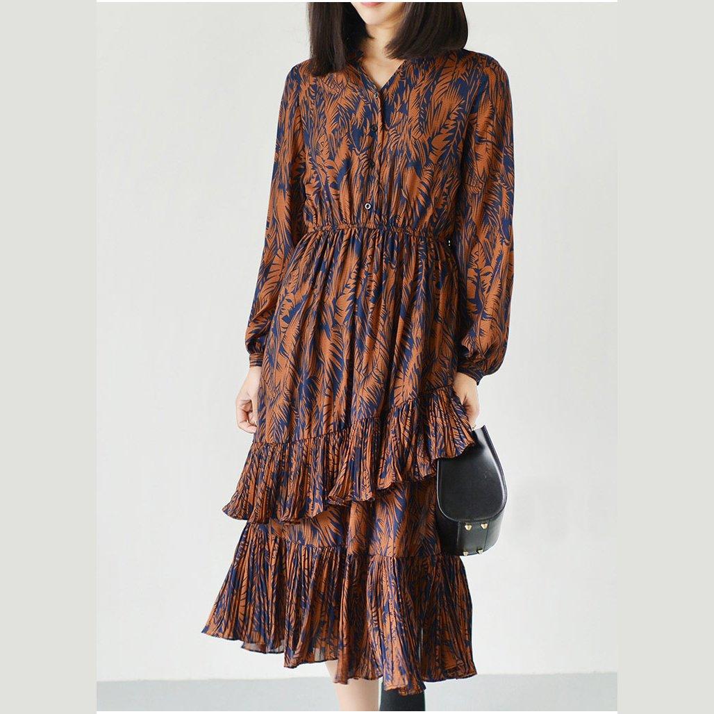 Orange spring chiffon dresses casual long sleeve sundress 2017 layered design - Omychic