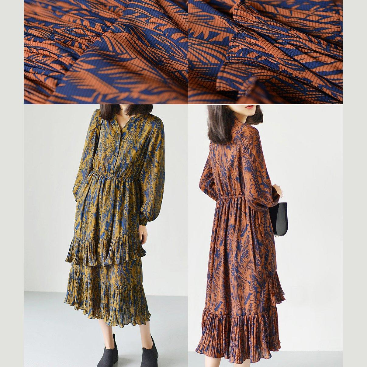 Orange spring chiffon dresses casual long sleeve sundress 2017 layered design - Omychic