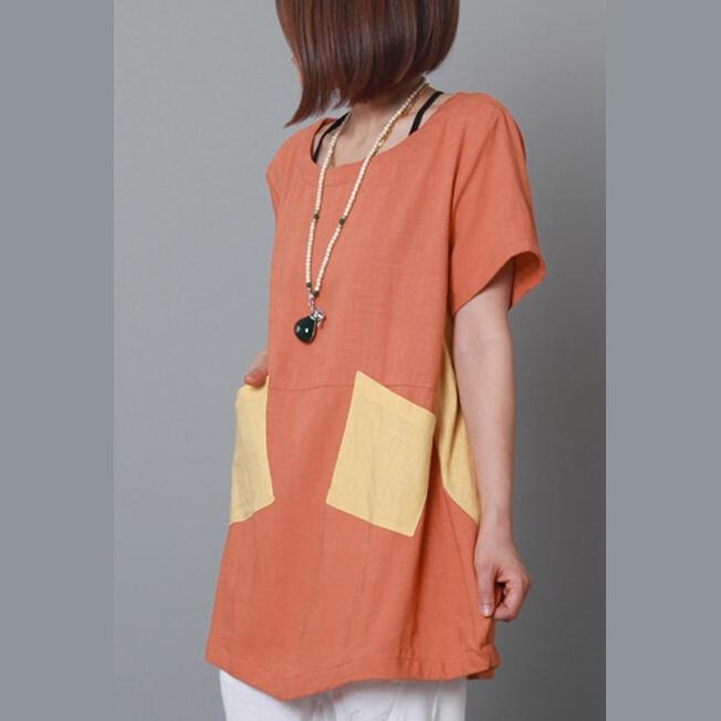 Orange women summer blouse cotton shirt top - Omychic