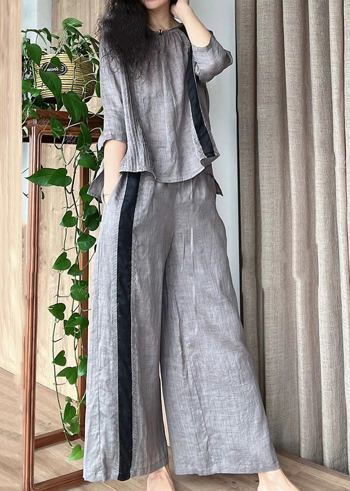 Organic Apricot O-Neck Tops And Pants Linen Women Sets 2 Pieces Fall