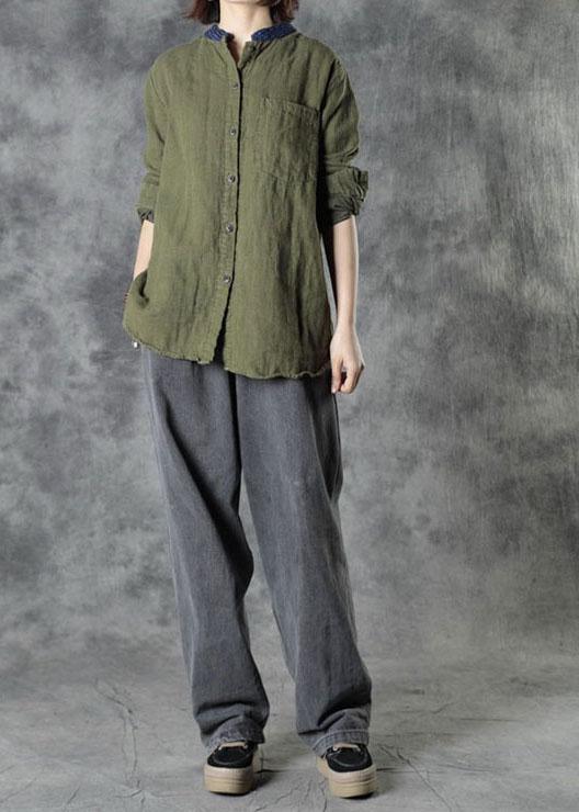 Organic Army Green Retro Pockets Fall Long Sleeve Top - Omychic