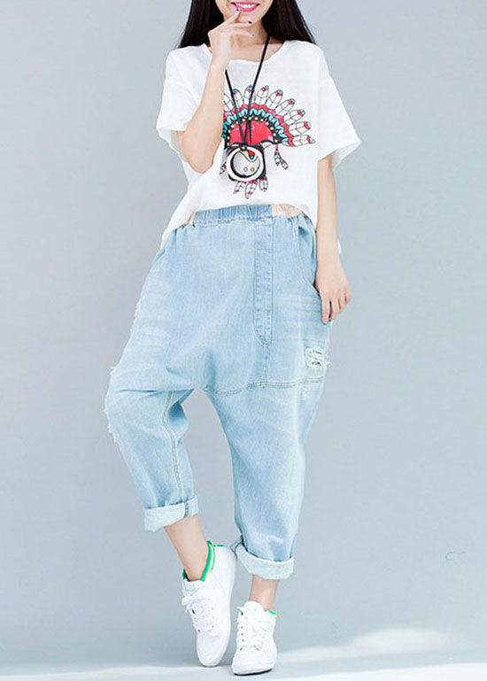 Organic Baby Blue Asymmetrical Design Patchwork Denim Pants Spring