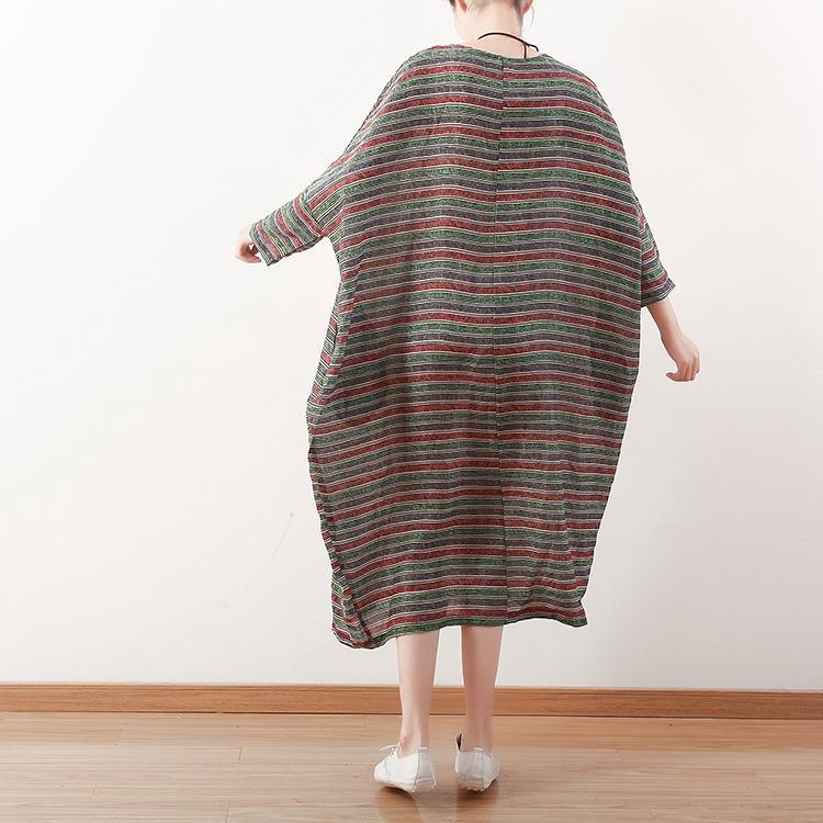 Organic Batwing Sleeve linen dress Fabrics green striped Dress fall - Omychic