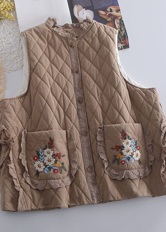 Organic Beige Embroideried Ruffled Patchwork Tie Waist Waistcoat Winter