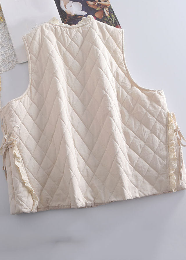 Organic Beige Embroideried Ruffled Patchwork Tie Waist Waistcoat Winter