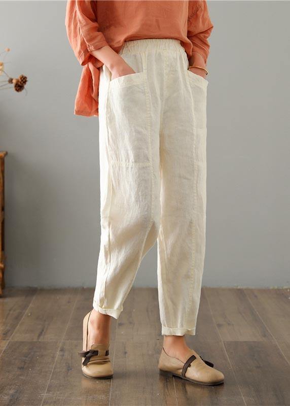 Organic Beige High Waist Harem Cotton Linen Pants Summer - Omychic