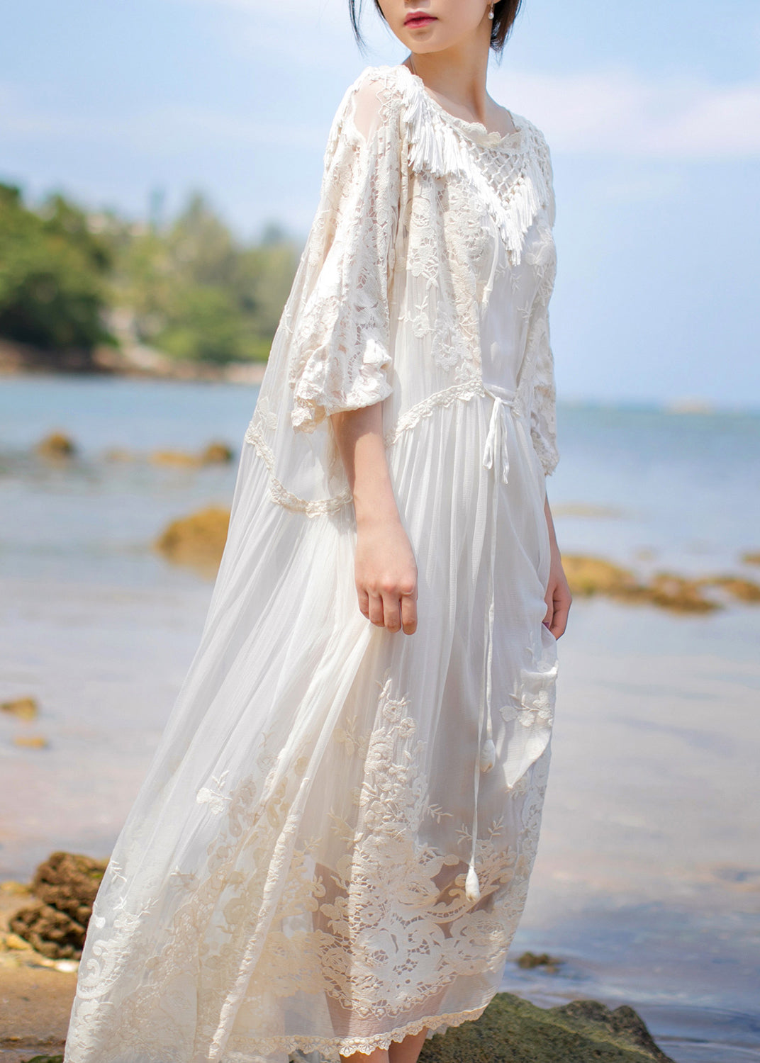 Organic Beige O-Neck Embroideried Floral Lace Tassel Silk Long Dress Long Sleeve